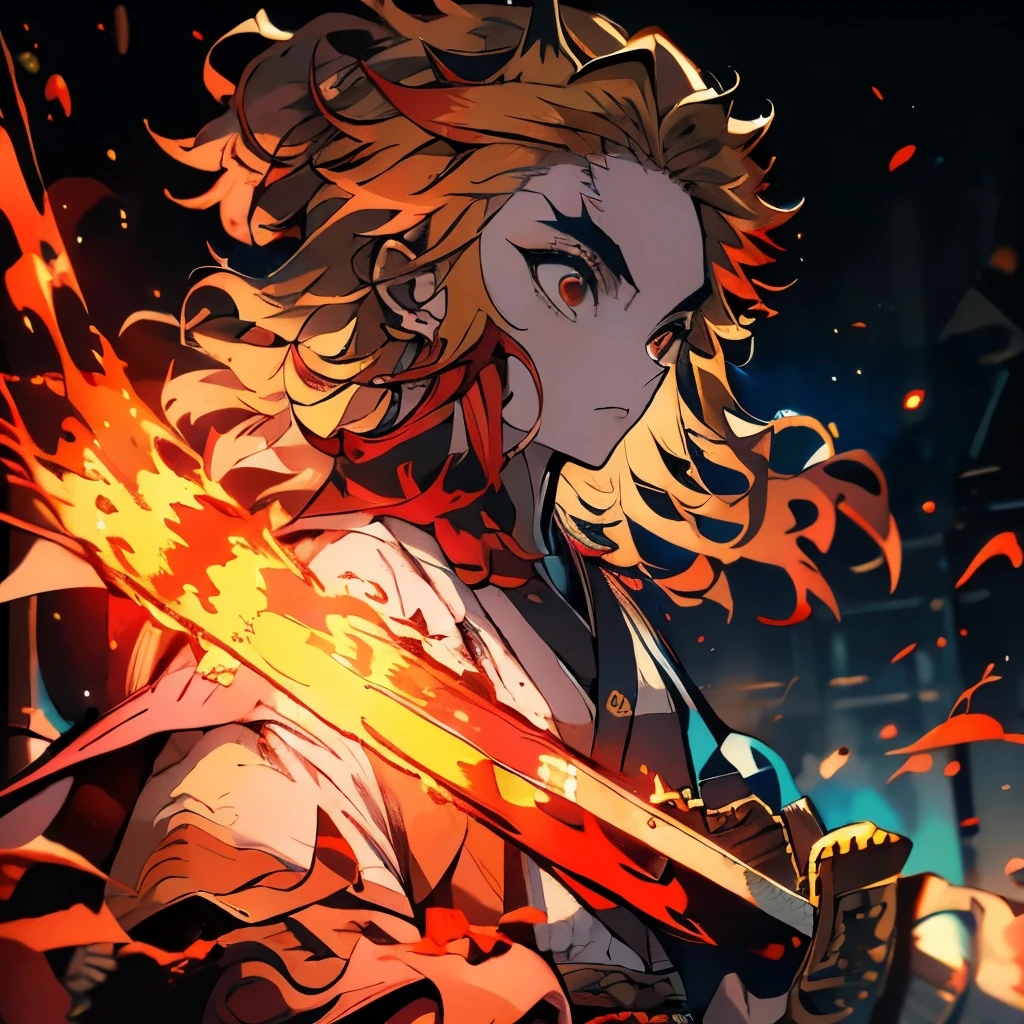 Masterpiece、Delicate eyes、Rengoku、Red eyes、Yellow and red hair、Serious face、Japanese sword、Burning Background、Upper Body