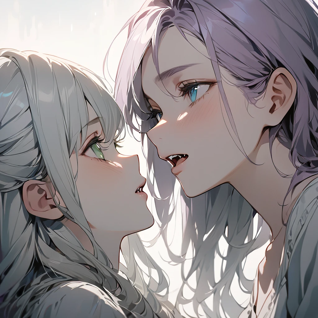 (Cute two girls:1.5),
(masterpiece:1.3), anime visual, (tilt head:1.3), extremely delicate face, realistic lighting and shading, (an extremely delicate and beautiful art:1.3), (muted colors:1.1), A vampire in the form of a girl with white hair and blue eyes sinks its fangs into the neck of a girl with light purple hair and dark green eyes. Lewd, yuri, portrait.