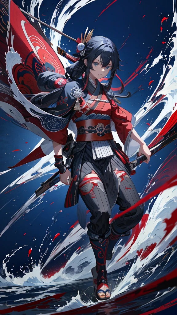 Anime boy with long hair and blue eyes wearing red and black clothes, From the Sengoku period, onmyoji portrait, by Shimo, female Anime characters, By Ren, Anime characters, Wearing old samurai clothes, detailed Anime characters art, by Li Zai, Kantai Collection Style, Full body martial arts, Sengoku period art style
