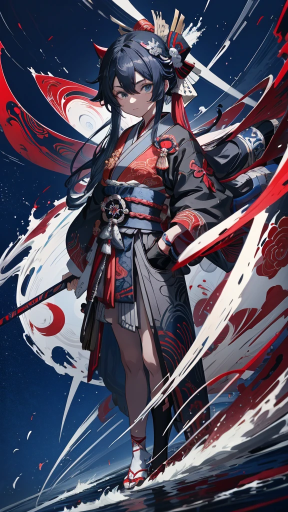 Anime boy with long hair and blue eyes wearing red and black clothes, From the Sengoku period, onmyoji portrait, by Shimo, female Anime characters, By Ren, Anime characters, Wearing old samurai clothes, detailed Anime characters art, by Li Zai, Kantai Collection Style, Full body martial arts, Sengoku period art style
