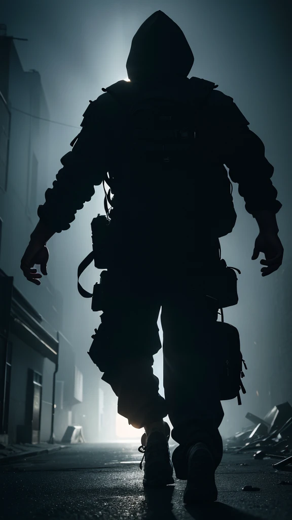 a desperate chase, first person perspective, running through dark empty streets, echoing footsteps, the sack man slowly approaching, sense of anguish and urgency, cinematic, atmospheric, haunting, dramatic lighting, high contrast, moody, (best quality,4k,8k,highres,masterpiece:1.2),ultra-detailed,(realistic,photorealistic,photo-realistic:1.37),HDR,UHD,studio lighting,extreme detail description,professional,vivid colors,horror,cinematic