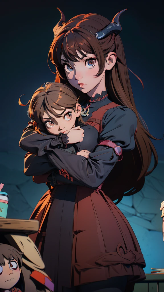 +Masterpiece, best quality, super detailed, Anime girl with horns and a dress with a skull on it, ((light brown hair))(loli in dress, gothic maiden anime girl, cute anime waifu in a nice dress, anime moe artstyle, anime girl wearing a black dress, nightcore, (anime girl), anime style 4 k, little curvy loli, high quality anime art style, anime girls, demon anime girls, holding creepy doll,