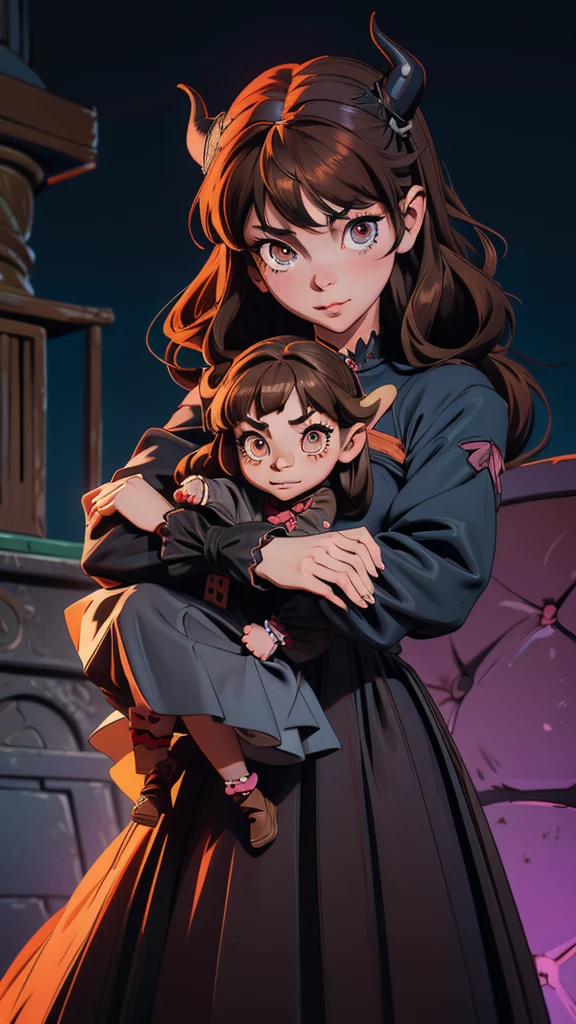 +Masterpiece, best quality, super detailed, Anime girl with horns and a dress with a skull on it, ((light brown hair))(loli in dress, gothic maiden anime girl, cute anime waifu in a nice dress, anime moe artstyle, anime girl wearing a black dress, nightcore, (anime girl), anime style 4 k, little curvy loli, high quality anime art style, anime girls, demon anime girls, holding creepy doll,