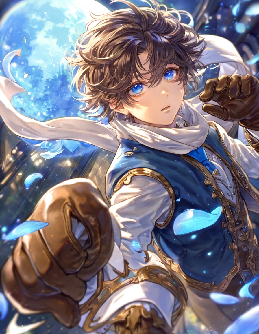 Ultra detailed, highres, absurdres, HDR, master piece, Jiggy, dark brown hair, messy hair, short hair, expressive blue eyes, Tegami Bachi, blue petals, white scarf, man, handsome, solo, best quality, blue flowers, blue shining fireflies, fantasy, magical, brown gloves, blue moon, blue cropped jacket with white patters, blue necktie, white shirt