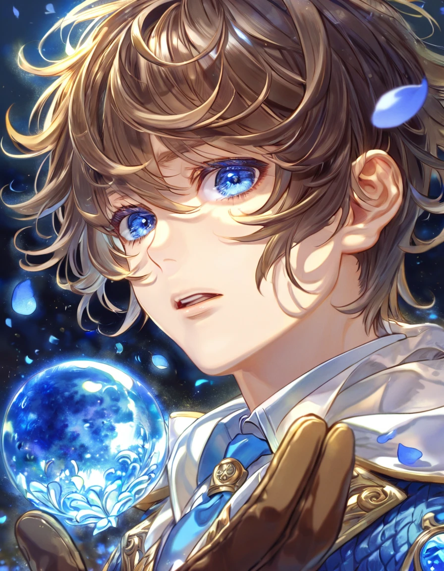 Ultra detailed, highres, absurdres, HDR, master piece, Jiggy, dark brown hair, messy hair, short hair, expressive blue eyes, Tegami Bachi, blue petals, white scarf, man, handsome, solo, best quality, blue flowers, blue shining fireflies, fantasy, magical, brown gloves, blue moon, blue cropped jacket with white patters, blue necktie, white shirt