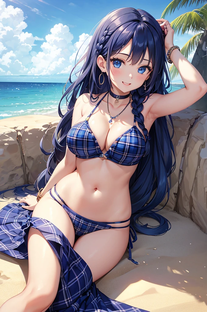 Highest quality、Highest quality、masterpiece、(8K),beauty(Age 25)、Navy blue long hair(Braiding of the sides)、blue eyes、Sexy Bikini(Plaid)、Big cleavage、(Big Breasts)、smile、blue necklace、Blue Earrings、background(Beach)、Please open your mouth wide、bracelet、Arch Pose、Blue choker