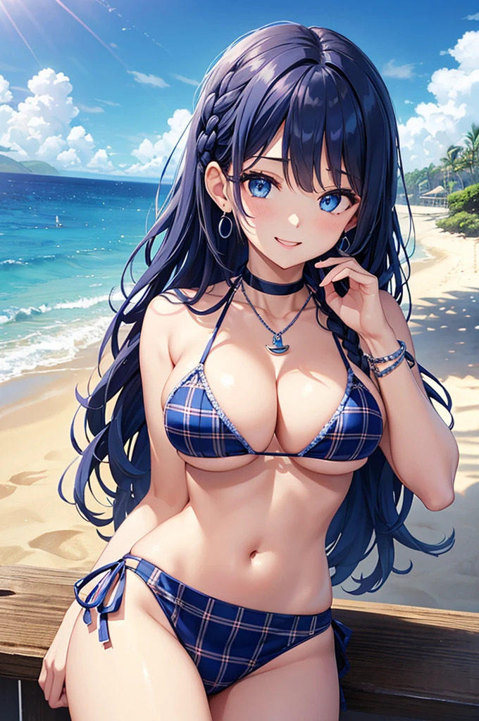 Highest quality、Highest quality、masterpiece、(8K),beauty(Age 25)、Navy blue long hair(Braiding of the sides)、blue eyes、Sexy Bikini(Plaid)、Big cleavage、(Big Breasts)、smile、blue necklace、Blue Earrings、background(Beach)、Please open your mouth wide、bracelet、Arch Pose、Blue choker
