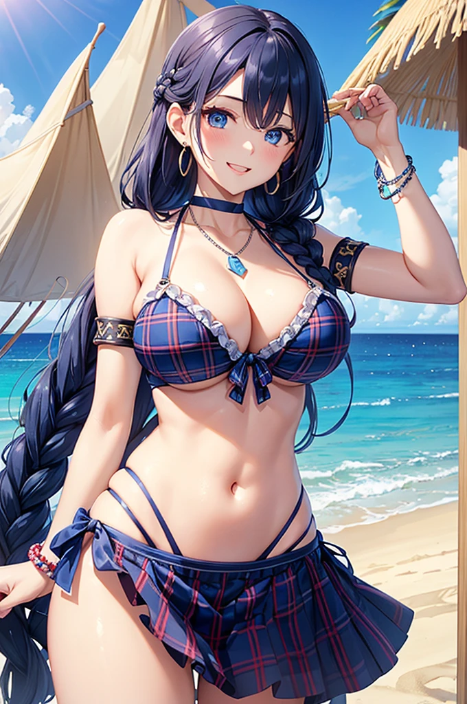 Highest quality、Highest quality、masterpiece、(8K),beauty(Age 25)、Navy blue long hair(Braiding of the sides)、blue eyes、Sexy Bikini(Plaid)、Big cleavage、(Big Breasts)、smile、blue necklace、Blue Earrings、background(Beach)、Please open your mouth wide、bracelet、Arch Pose、Blue choker