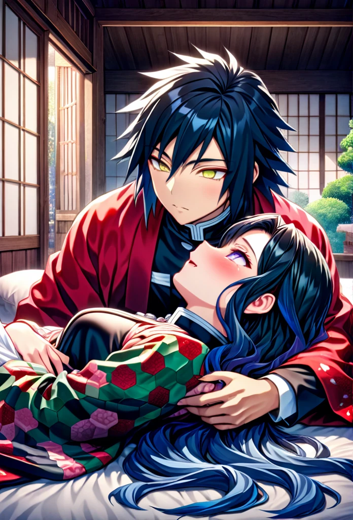 Ultra detailed, highres, absurdres, HDR, master piece, anime girl and boy, pretty woman with white long hair with deep red streaks, girl with yellow eyes, the girl is using a red haori, black demon slayer uniform, Kimetsu No Yaiba, fantasy, handsome, Tomioka Giyu, Water Hashira, Tomioka hugging, couple, romantic, both lying in bed, inside a japonese house, best quality, extremely detailed face, love, passion, romance, anime, they are really in love, hot, sexy