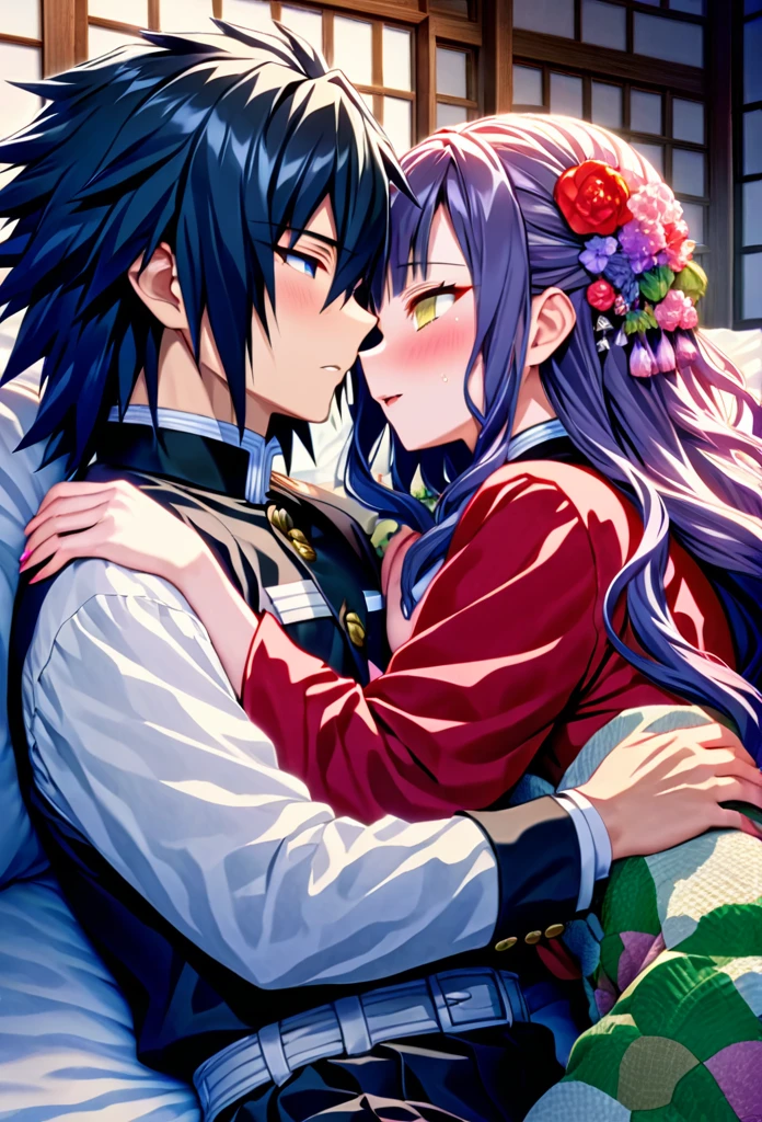 Ultra detailed, highres, absurdres, HDR, master piece, anime girl and boy, pretty woman with white long hair with deep red streaks, girl with yellow eyes, the girl is using a red haori, black demon slayer uniform, Kimetsu No Yaiba, fantasy, handsome, Tomioka Giyu, Water Hashira, Tomioka hugging, couple, romantic, both lying in bed, inside a japonese house, best quality, extremely detailed face, love, passion, romance, anime, they are really in love, hot, sexy