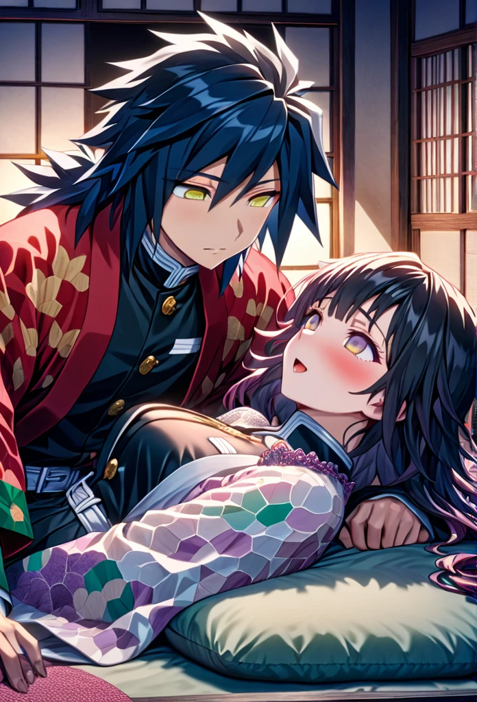 Ultra detailed, highres, absurdres, HDR, master piece, anime girl and boy, pretty woman with white long hair with deep red streaks, girl with yellow eyes, the girl is using a red haori, black demon slayer uniform, Kimetsu No Yaiba, fantasy, pretty, Tomioka Giyu, Water Hashira, Tomioka huging, romantic, lying in bed, inside a japonese house, best quality, extremely detailed face, love, passion, romance, anime, they are really in love, sexy