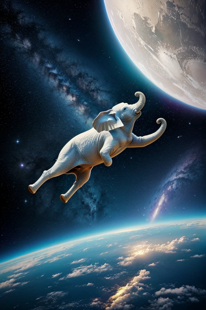 White elephant flying in galaxy