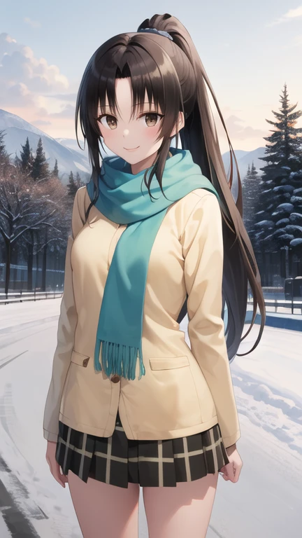 masterpiece, best quality, highres, 1girl, solo, long hair, black hair, ponytail, parted bangs, brown eyes, winter clothes, scarf, snow, road, standing, cowboy shot, smile