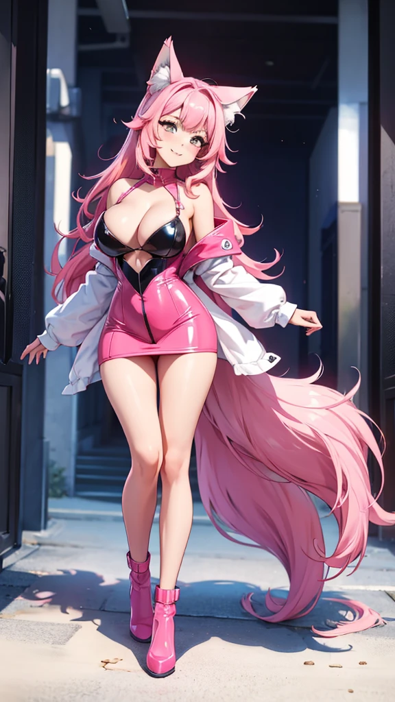 Happy , with wolf ears and pink hair, holding her cheeks, wolf tail, wearing a latex dress, looking at veiwer, full body, you can see her chest, naked breasts