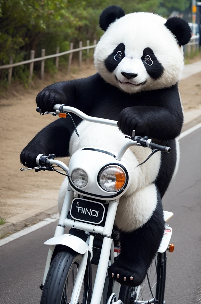 Make a panda with a hat riding a bike