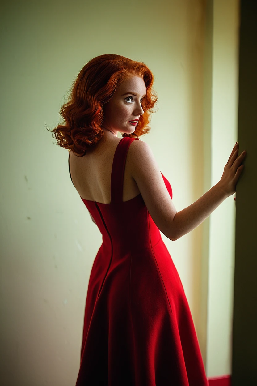 a beautiful red-haired woman in her 20s in a red 1950s dress, Kale, big fit ass , face detailed, (((seios big fit asss))) full body shot shot, editorial portrait, realisitic, cinematic lighting, 8K, high resolution, photorealisitic, work of art, textura realisitic, dramatic lighting , Cinemastill 800,