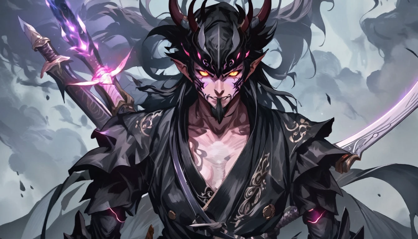 demon mask,close up, black heavy detailed clothes, art, dark and malevolent, armor, powerful and intimidating, (masterpiece, best quality, ultra-detailed, best shadow), (detailed background, dark fantasy) dramatic light, intricate details, dark and malevolent, powerful and intimidating, Dark and foreboding, malevolent force, sinister and chilling, armor, high detailed background, girl in demon slayer art, demon slayer art style, epic anime art, God death