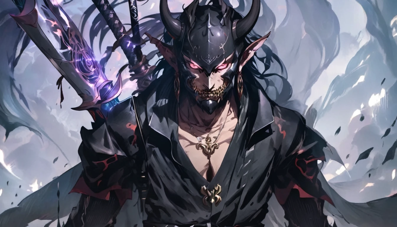 demon mask, sword on the hand,close up, black heavy detailed clothes, hand katana, art, dark and malevolent, hand sword, armor, powerful and intimidating, (masterpiece, best quality, ultra-detailed, best shadow), (detailed background, dark fantasy) dramatic light, intricate details, dark and malevolent, powerful and intimidating, Dark and foreboding, malevolent force, sinister and chilling, armor, high detailed background, girl in demon slayer art, demon slayer art style, epic anime art, God death