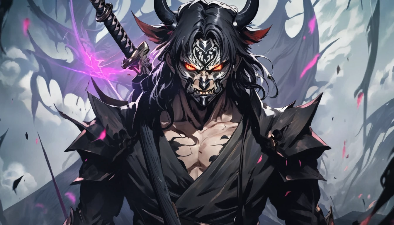 demon mask, sword on the hand,close up, black heavy detailed clothes, hand katana, art, dark and malevolent, hand sword, armor, powerful and intimidating, (masterpiece, best quality, ultra-detailed, best shadow), (detailed background, dark fantasy) dramatic light, intricate details, dark and malevolent, powerful and intimidating, Dark and foreboding, malevolent force, sinister and chilling, armor, high detailed background, girl in demon slayer art, demon slayer art style, epic anime art, God death