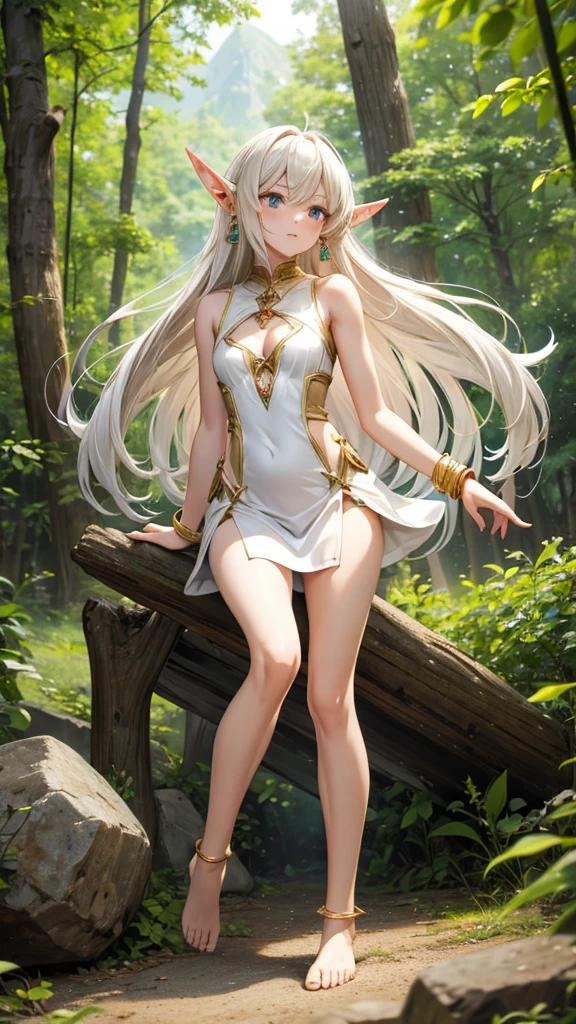 White long hair, pointed ears, flat chest,earrings,Female elves,Sleeveless mini dress,cleavage,Bare arms,Bare Legs,barefoot,Bracelet,anklet,Boulders,woods