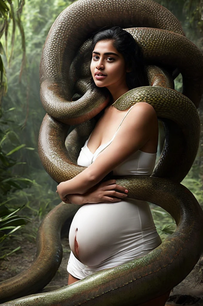  Pregnant Top quality, masterpiece, super high resolution, real photo, raw photo, cute, beautiful indian  girl, happy expression, joy, glossy skin, dramatic lighting, full body, full body wet, dirty white tank top, sheer with thin fabric, white shirt dirty with mud, beautiful breasts, beautiful ass, butt sticking out, creepy, in the dark jungle, waterside, black large titanboa , slim, long limbs, slimy, slim Sleeping on large titanboa a large giant black titanboa wrapped around her neck, a large titanboa wrapped around her body, a titanboa’s head from between her crotches, a titanboa  and a titan’s intertwining their tongues and kissing, a girl hugging giant titanbo a girl and a large titanboa staring at each other Many large anacondas horny aroused  tentacle sex large object penetration nsfw snake tongue kissing blowjob bestiality