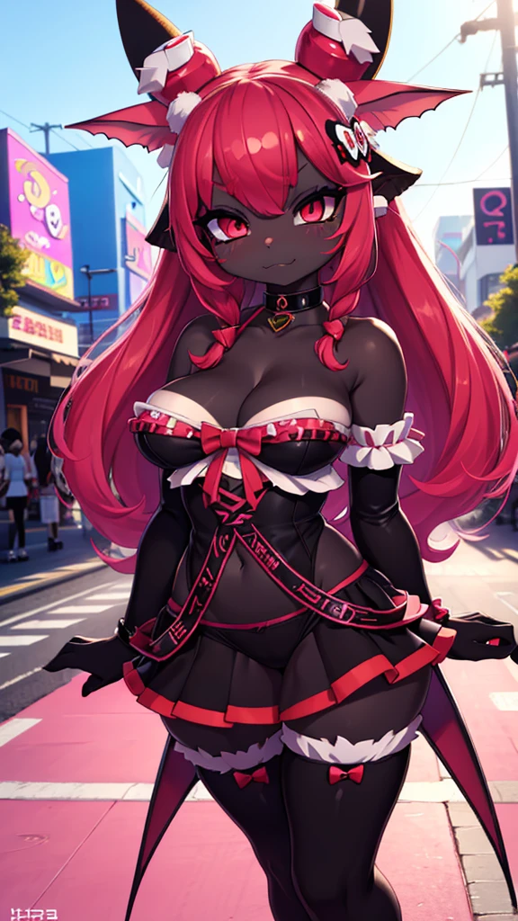 Professional Photography, 8k, highly detailed, intense lighting, daytime photography, sun light,
BREAK,
slave choker, succubus girl, (bat ears), (succubus horns), (black skin:1.6), red eyes, smug eyes, (red glowing hair), straight red hair, big boobs:1.2, blush, thick eyeliner, ((red eyebrows)),
BREAK,
((((Layers of bright colorful accessories)))), sticker-covered platform heels, ((mismatched thigh-highs)), (oversized bows), (((((statement decora fashion))))), (((plethora of kawaii accessories))), the character starring in a Harajuku-themed fashion editorial for a renowned magazine, BREAK, the photoshoot takes place against (iconic Harajuku backdrops), capturing the essence of the district's diverse fashion culture,