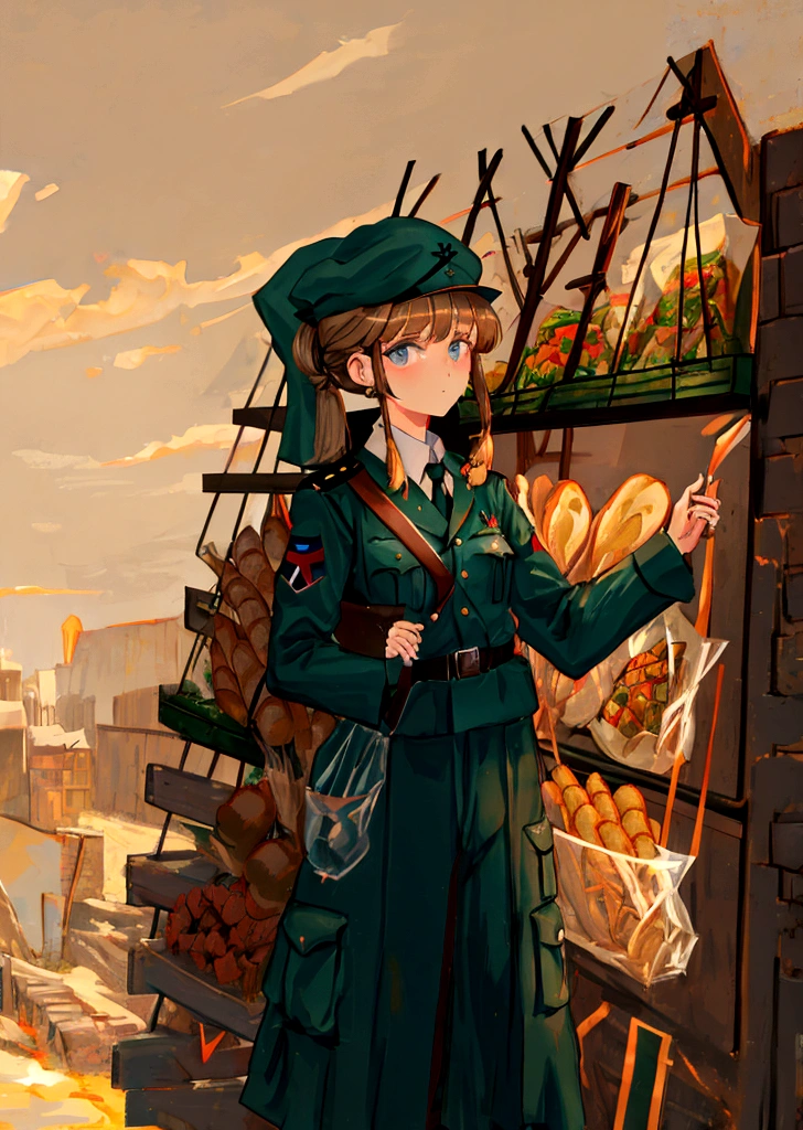 Ww2 soldier, german, looking at the viewer, ww2 M44 field uniform, ww2 M35 stahlhelm, low ponytail, no background, brown hair, ww2 german bread bag