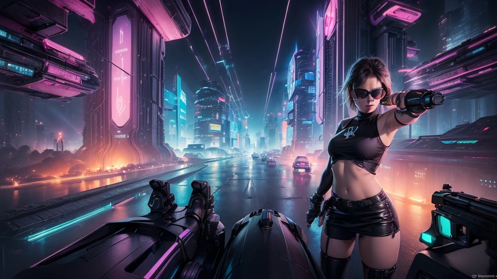(((aerial view))) of futuristic city, hologram neon buildings, (((futuristic flying cars))) and futuristic cars, Surreal cyberpunk city, in a Future cyberpunk city, 3d rendering Beeple, at night. large-breast photorealistic sexy woman, breast cleavage, tank top, miniskirt, (((((black sunglasses, pistol shooting pose))))), standing, leaning forward, (((((half-body thigh level medium shot))))).