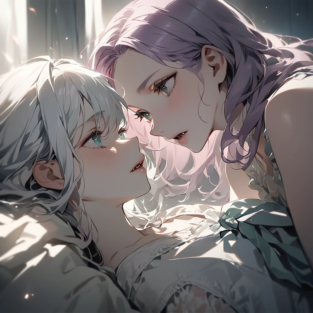 (Cute two girls:1.5),
(masterpiece:1.3), anime visual, (tilt head:1.3), extremely delicate face, realistic lighting and shading, (an extremely delicate and beautiful art:1.3), (muted colors:1.1), A vampire in the form of a girl with white hair and blue eyes sinks its fangs into the neck of a girl with light purple hair and dark green eyes. Lewd, yuri, portrait.