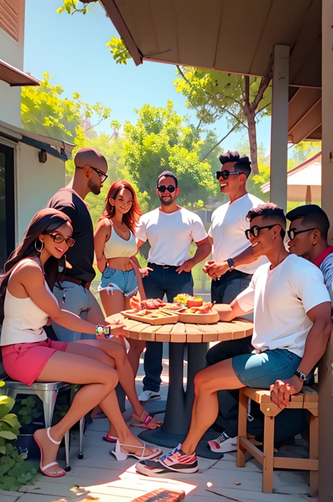2 adult women and 2 adult men, bbq, wearing shorts, casual, happy, talking