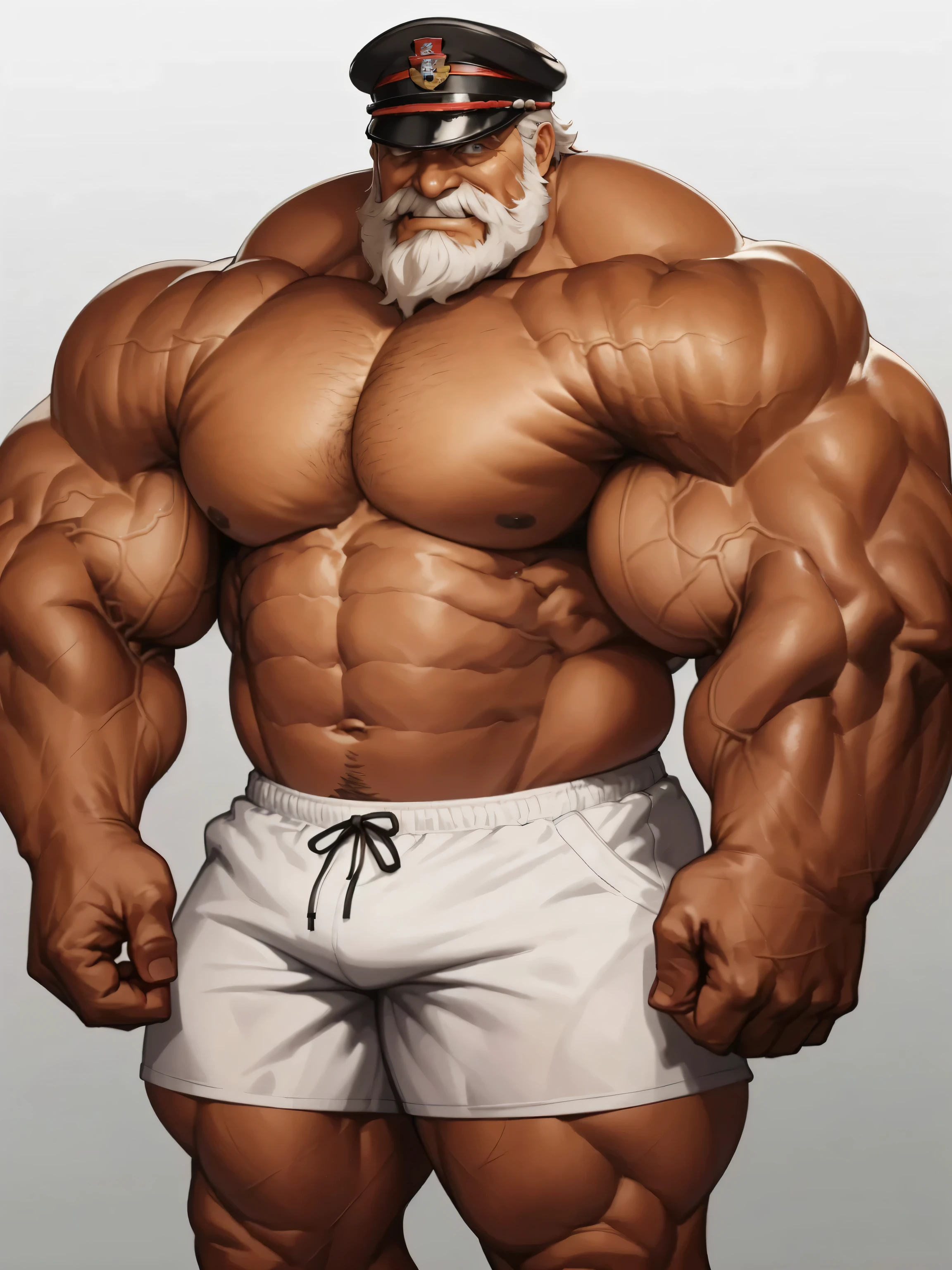solo, 1boy, perfect anatomy, perfect proportion. smile, Huge Muscular Old man wearing soldier hat ,(white shorts), view from side, pectoral, thick arms, huge pectoral, wide pectoral, short white hair, red beard and hair, simple background, masterpiece, semirealistic:1.2, high detailed, 8k, high resolution, perfect center, full view. ((really big muscle, massive muscular, sixpack, thick arms, wide pectoral, super huge muscle, hyper muscular, over sized muscle, huge arms, big arms, huge pectoral))