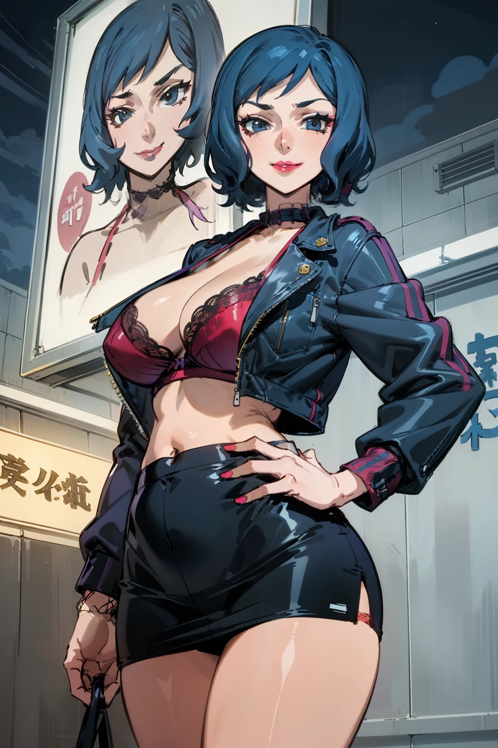 Night time,(Masterpiece), Best Quality, ultra-detailed, 1girl (rinko_iori, Slender and sexy body, huge breasts, wide hips, dark blue hair, long wave hair, blue eyes, half-closed eyes), evil face, smirk ,parted lips, mascara, full makeup, red lipstick, hookerchic, facing viewer, looking at viewer, solo, purple latex jacket, short jacket, red lace bra, navel, purple skirt, tight skirt, micro mini skirt, red lace panties, fishnets, outdoor, street, neon sign, standing, sexy waist teasing, from_below ,