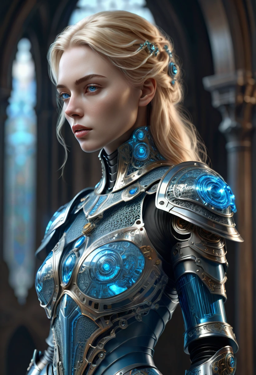 A blonde-haired sorceress cyborg féminine, of techno-royal lineage with ideal female proportions, +hyperrealistic 3d render +artistic framing photography + viewed from the side + over the shoulder look +she is elegant, condescending + she is wearing a babyblue waxed vinyl empire-waist cut elegant dress armor lace +intricate metallic scifi chromed armor + sophisticated brutalist throneroom decor in the background with crisp religious stainedglass