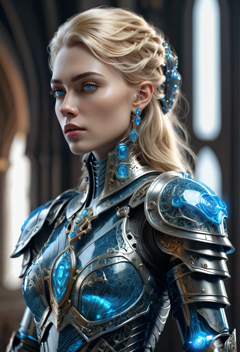 A blonde-haired sorceress cyborg féminine, of techno-royal lineage with ideal female proportions, +hyperrealistic 3d render +artistic framing photography + viewed from the side + over the shoulder look +she is elegant, condescending + she is wearing a babyblue waxed vinyl empire-waist cut elegant dress armor lace +intricate metallic scifi chromed armor + sophisticated brutalist throneroom decor in the background with crisp religious stainedglass