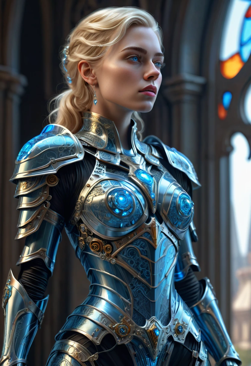 A blonde-haired sorceress cyborg féminine, of techno-royal lineage with ideal female proportions, +hyperrealistic 3d render +artistic framing photography + viewed from the side + over the shoulder look +she is elegant, condescending + she is wearing a babyblue waxed vinyl empire-waist cut elegant dress armor lace +intricate metallic scifi chromed armor + sophisticated brutalist throneroom decor in the background with crisp religious stainedglass