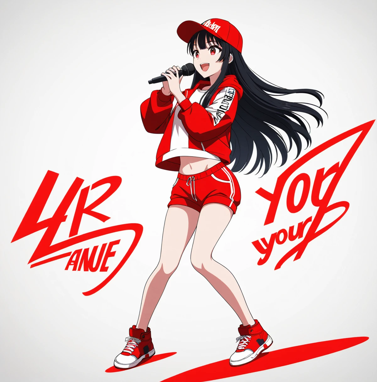 Background white, White background, ((((White background)))), ((((Full body)))), Black Hair, Long Hair, Baseball Cap, Anime Style, beautiful girl, Red eyes, Hip Hop Clothes, Red clothes, Hold the microphone, Dynamic Angle, 4K, 8K, smile, Open your mouth, singing, sexy,