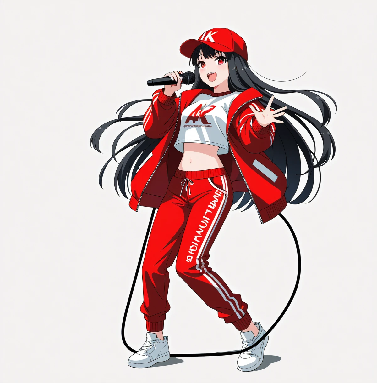 Background white, White background, ((((White background)))), ((((Full body)))), Black Hair, Long Hair, Baseball Cap, Anime Style, beautiful girl, Red eyes, Hip Hop Clothes, Red clothes, Hold the microphone, Dynamic Angle, 4K, 8K, smile, Open your mouth, singing, sexy,