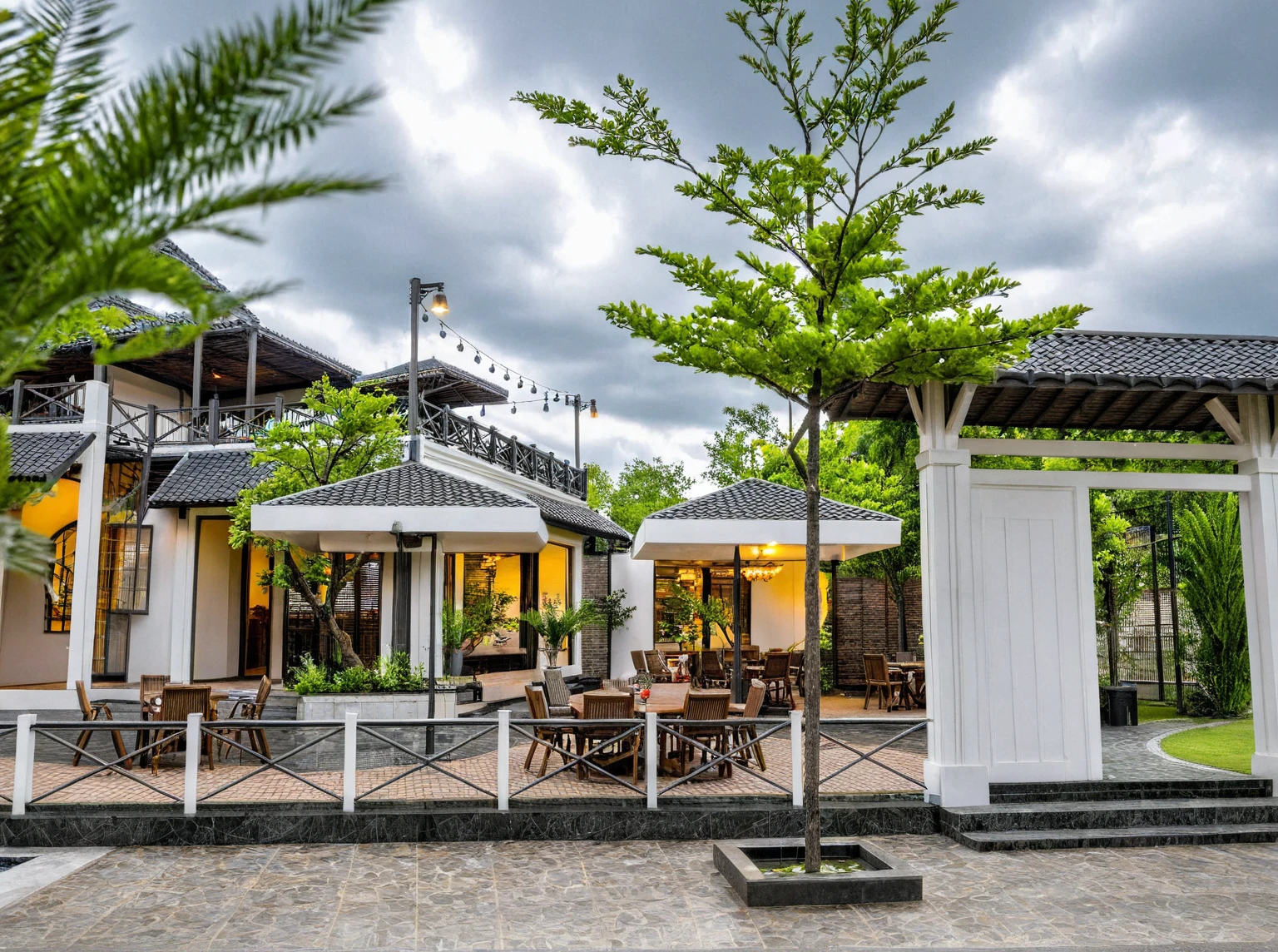 Raw photo,Masterpiece, high quality, best quality, authentic, super detail,
exterior, outdoors, house style indochine on the street ,aiaigroup
road,pavement, grass, trees, sky, cloud, (day:1.1)