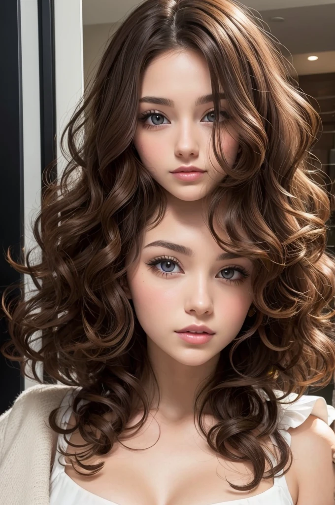 A sixteen year old teenager, Hazel eyes, and with curly brown hair