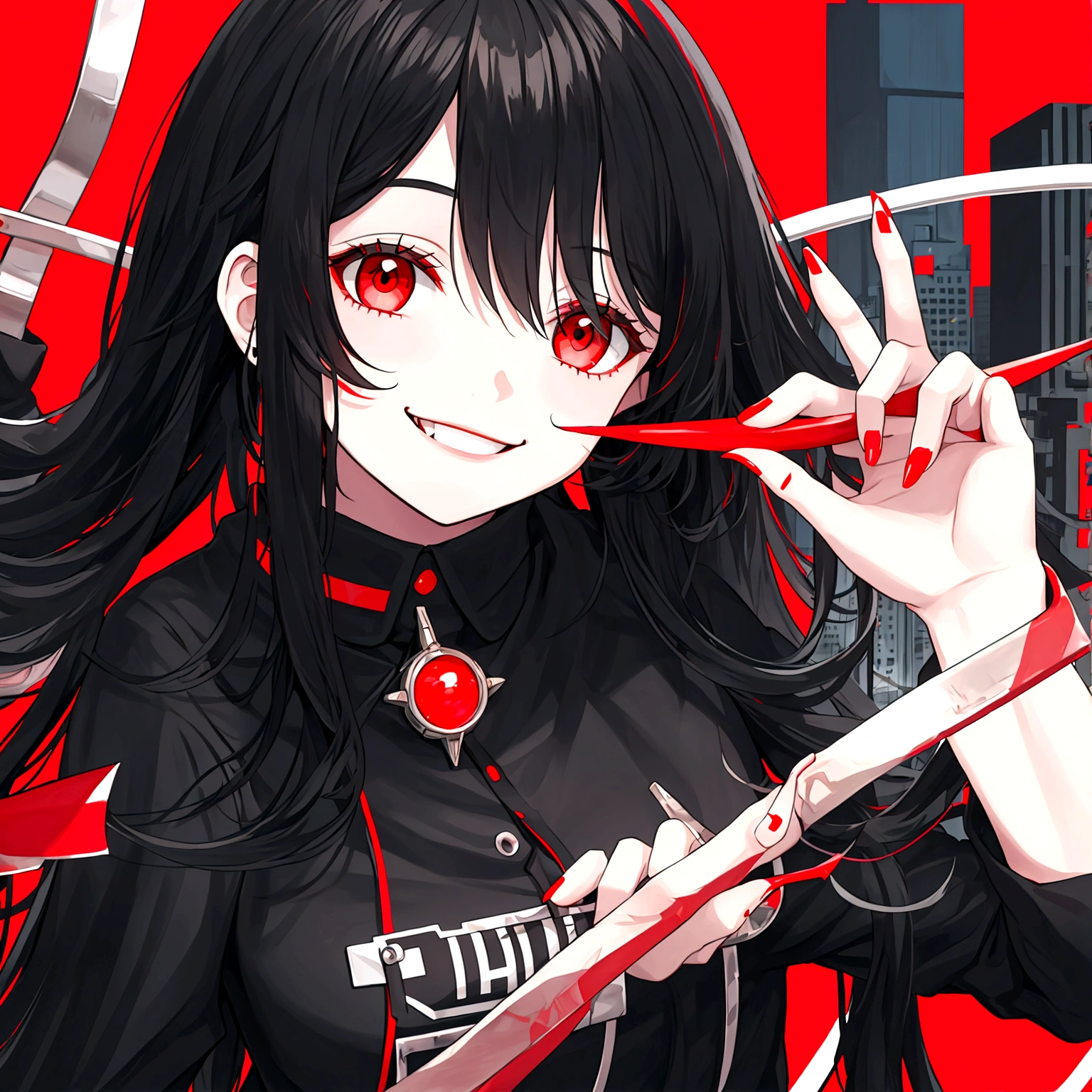 headshot,girl,longhair,black hair,red eyes,smiling on camera,at city