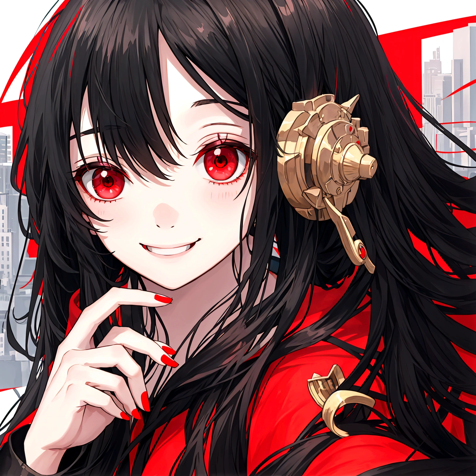 headshot,girl,longhair,black hair,red eyes,smiling on camera,at city
