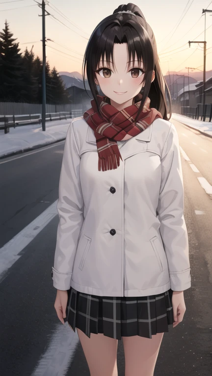 masterpiece, best quality, highres, 1girl, solo, long hair, black hair, ponytail, parted bangs, brown eyes, winter clothes, scarf, snow, road, standing, cowboy shot, smile