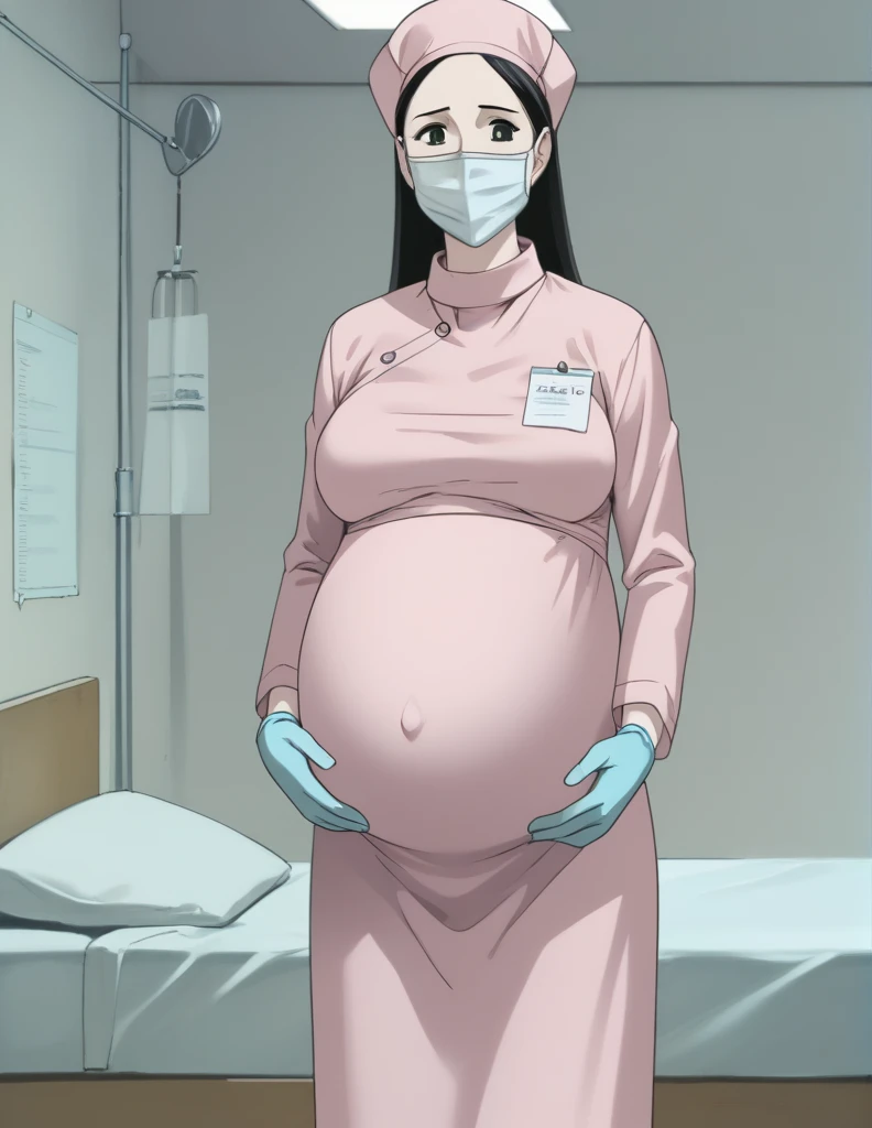 score_9, score_8_up, score_7_up, source_anime, kasuganoray, pale skin, shy eyes, long hair, scrubs, surgical mask, surgical cap, Long sleeve maternity gown, seamless, no seams, tight fitting,
1girl, pregnant, , solo, rubber gloves, looking down, furrowed brow, hospital bed, standing