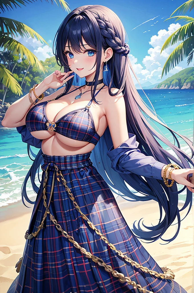 Highest quality、Highest quality、masterpiece、(8K),beauty(Age 25)、Navy blue long hair(Braiding of the sides)、blue eyes、Sexy Bikini(Plaid)、Big cleavage、(Big Breasts)、smile、blue necklace、Blue Earrings、background(Beach)、Please open your mouth wide、bracelet、Arch Pose、Blue choker