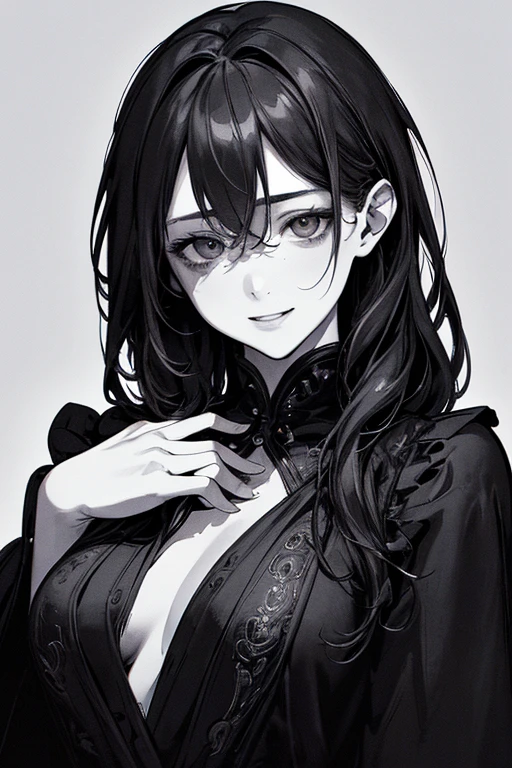 masterpiece、8K、Highest quality, (Background details), High Contrast, Very beautiful girl, Detailed original illustration、Small breasts、Primary school students、Detailed shading、functional、Delicate face、Charm、Villainess、sexy、Real breasts、Crazy Smile, Crazy Eyes,、(Head close-up), Black background, (Black background: 1.5), Beautiful line art、Monochrome