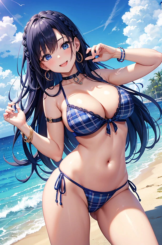 Highest quality、Highest quality、masterpiece、(8K),beauty(Age 25)、Navy blue long hair(Braiding of the sides)、blue eyes、Sexy Bikini(Plaid)、Big cleavage、(Big Breasts)、smile、blue necklace、Blue Earrings、background(Beach)、Please open your mouth wide、bracelet、Arch Pose、Blue choker