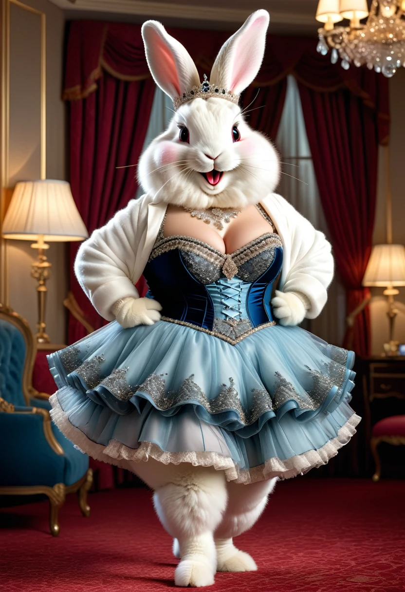 photorealistic portrait of Dressed animals-a (fat) ((angora rabbit)) dancer,(furry), (elegant pose:1.5), (hands on hips:1.5),(smile:1.5),high quality,(happy),(lovely) ,intricate details, Wearing bustier, (), highly detailed ((bustier)) ,highly detailed decorations of clothes, Fishnet panty horse , (happy), soft lighting,(full body image:2.0),luxury hotel room background,(high heels),
