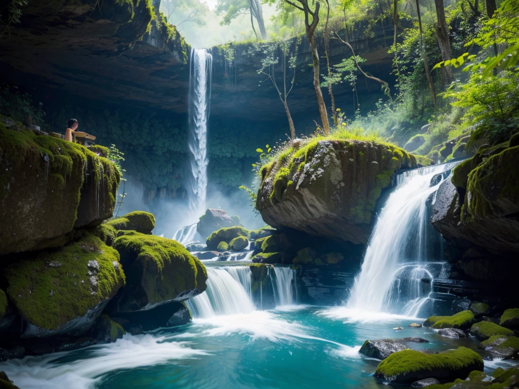 8K HD quality，Photos of the lush deep canyon, Waterfalls soar into the sky，Merges into the pristine pool below, The mist and leaves add an air of mystery and beauty to the scene.,