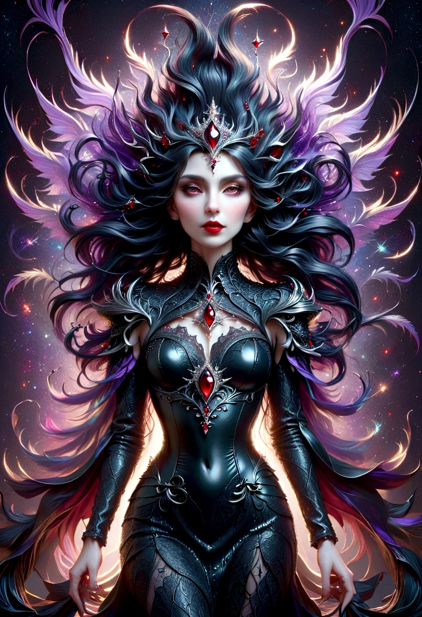 Noir painting of a beautiful Gothic queen in a tight black leather dress, fair skin, long black hair, shiny hair, dark red lips, dark fantasy style art, gothic fantasy art, dark fantasy art, dark fantasy portrait, in style of Greg rutkowski, dark fantasy mixed with realism, beautiful queen, gothic maiden of the dark, fantasy dark art, dark fantasy style, dark fantasy digital art, beautiful elegant queen, Artgerm, hyperdetailed intricately detailed gothic art trending on artstation triadic colors, 8K Resolution