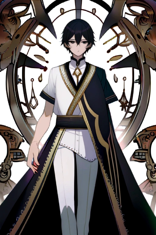 Effeminate boy with slightly long black hair, a light blue lock, a white shirt with short sleeves, a short. black eyes and eyeliner